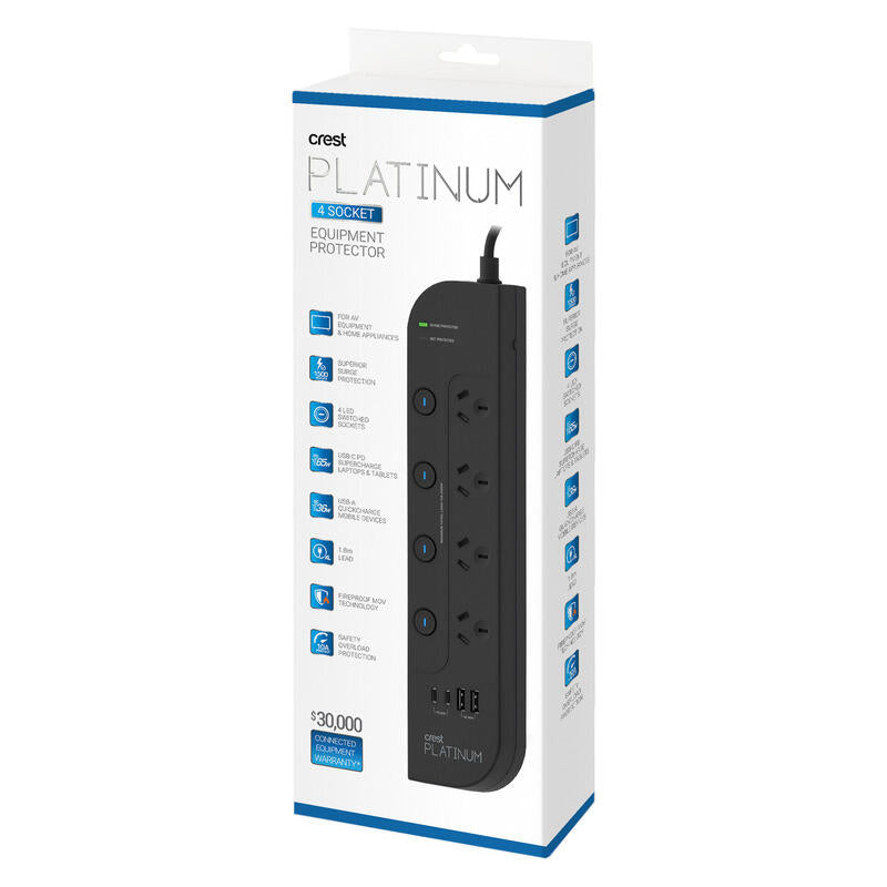 Crest Platinum 1.8M Surge Protector 4 Socket Switched Power Board with 4 USB Ports PD 65W