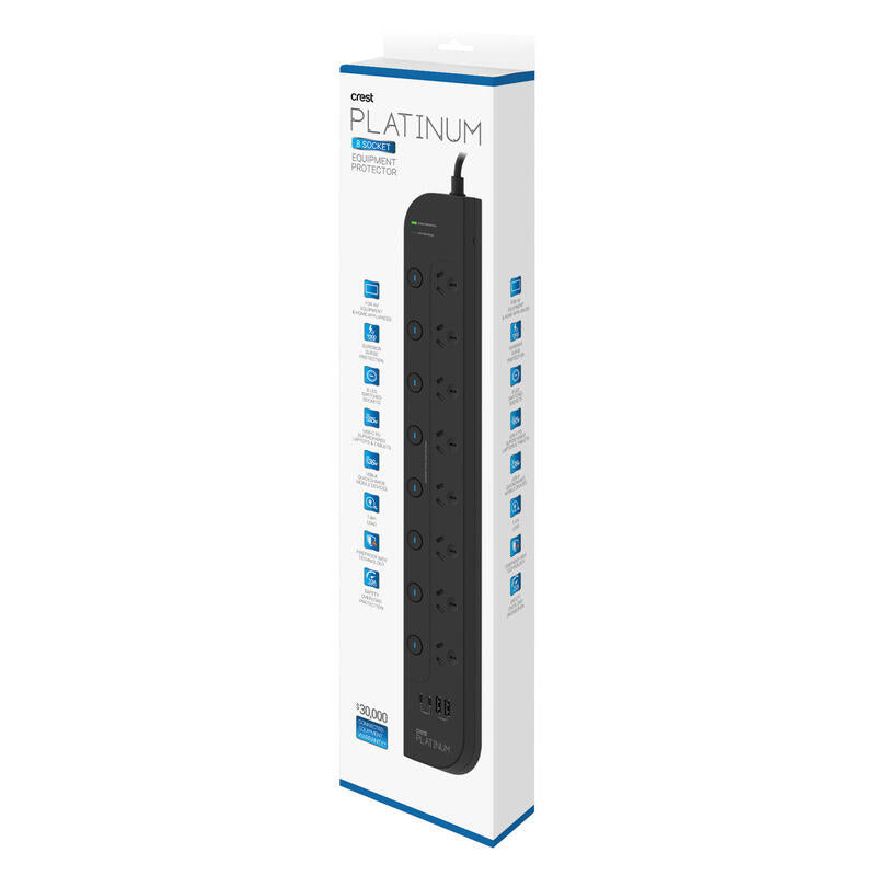 Crest Platinum 1.8M Surge Protector 8 Socket Switched Power Board with 4 USB Ports PD 65W - Black
