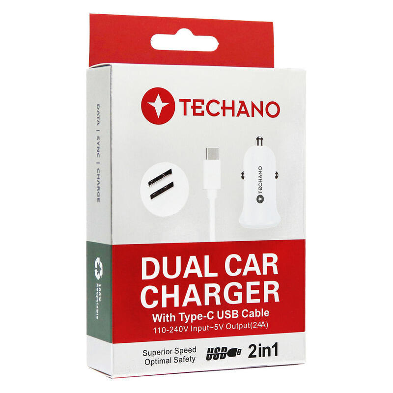 Techano Dual Car Charger with Type-C USB Cable