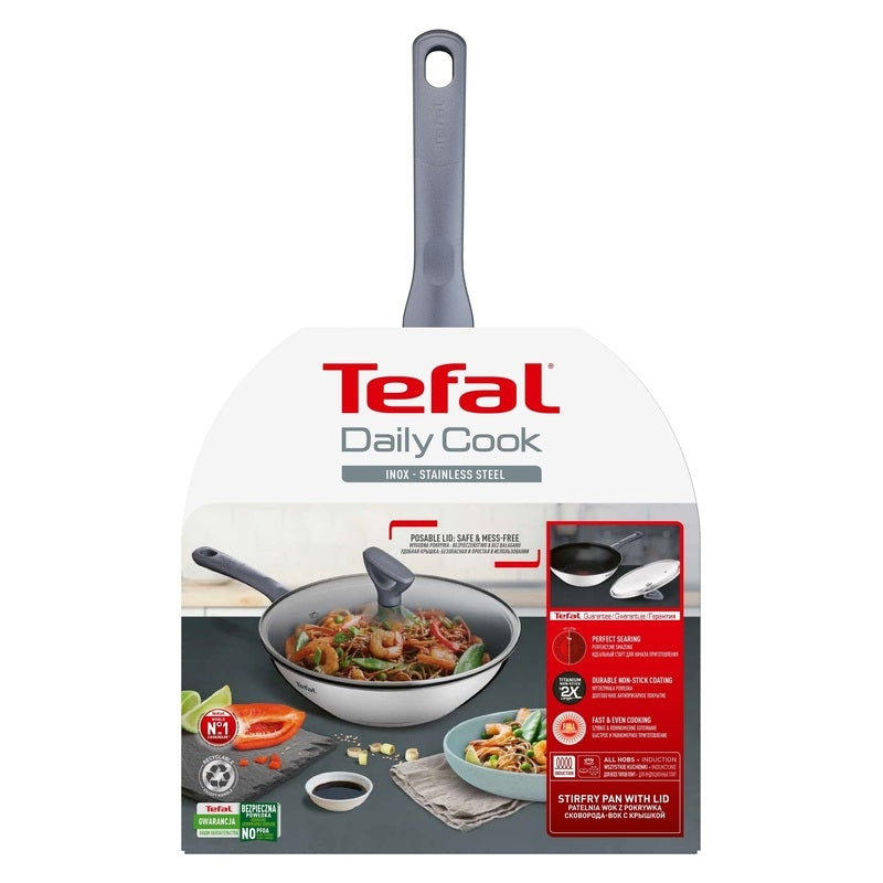 Tefal 28cm Daily Cook Induction Wok + Lid - Stainless Steel