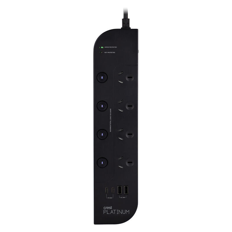 Crest Platinum 1.8M Surge Protector 4 Socket Switched Power Board with 4 USB Ports PD 65W