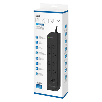 Crest Platinum 1.8M Surge Protector 4 Socket Switched Power Board with 4 USB Ports PD 65W