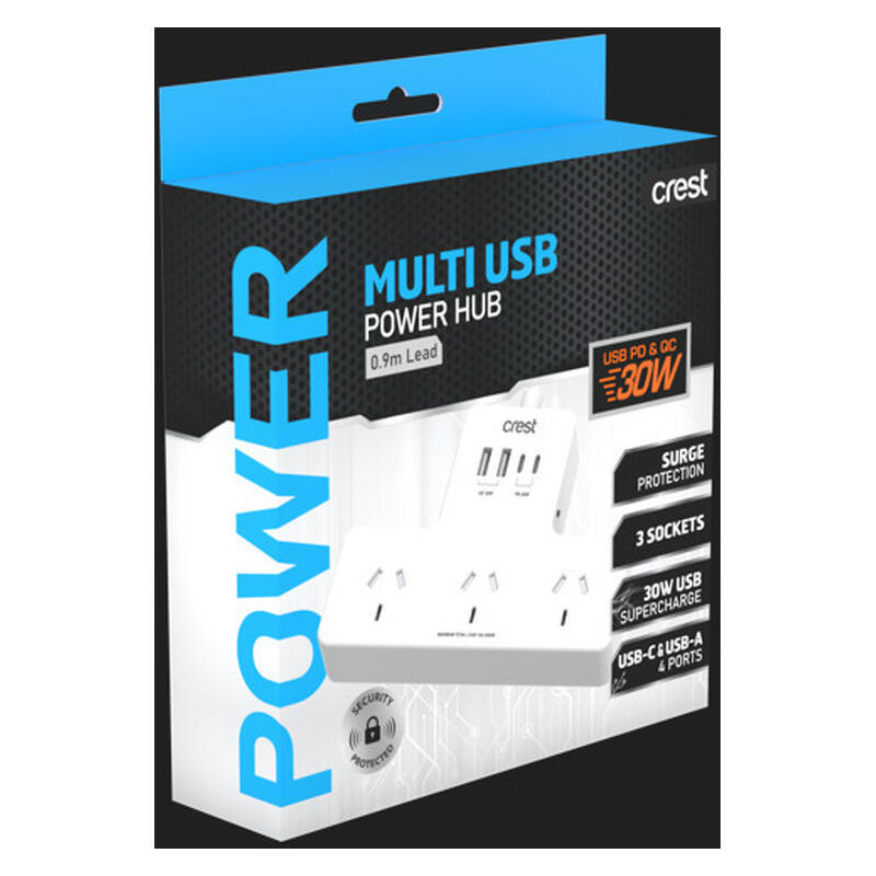 Crest 0.9M 30W Power Hub 3 Sockets with 4 USB Ports & Surge Protection