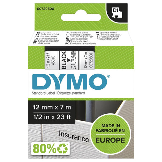 Dymo 12mm x7m D1 LABEL TAPE - Black On Clear