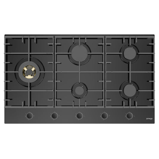 Omega 90cm Gas on Glass Cooktop with Wok Burner - Black